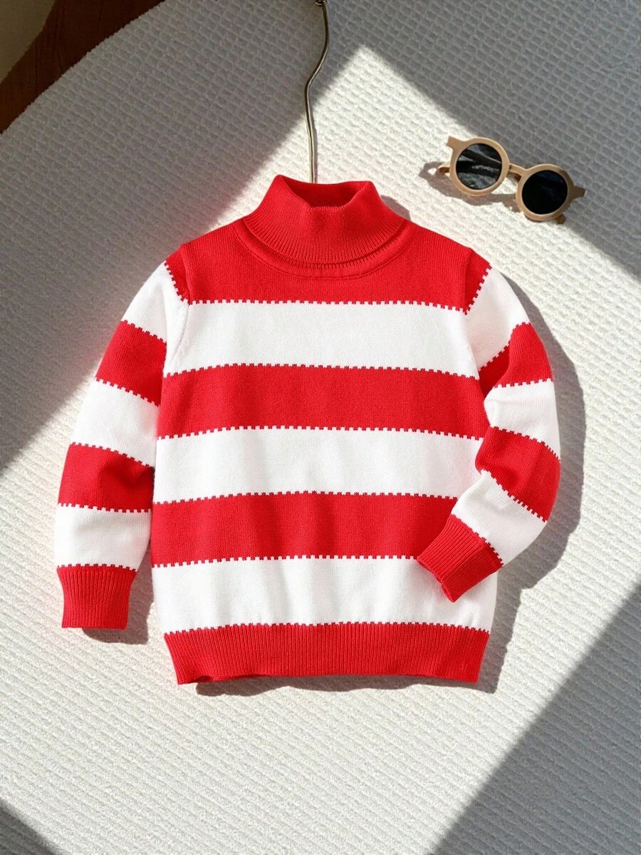 SHEIN 4pcs Red & White Striped Turtleneck Sweater Family Matching Outfits, Mommy And Me, Unisex Baby Winter Clothes - Multicolor - View 1