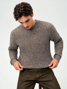 RONVEXI 男士纯色圆领长袖罗纹针织休闲套头毛衣，秋冬款 - 灰色 - 查看 4