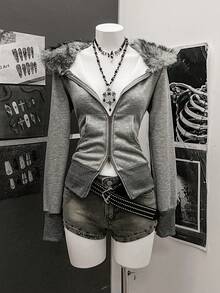 StreetHx 女士街头风保暖连帽拉链卫衣，长袖，秋冬款 - 灰色 - 查看 1