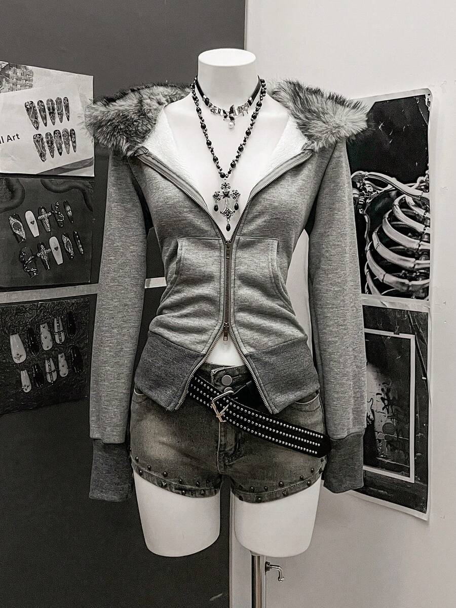 StreetHx 女士街头风保暖连帽拉链卫衣，长袖，秋冬款 - 灰色 - 查看 1