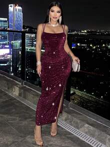 Chiquease Women's Coffee Brown Sexy Shiny Sequin Fabric Party/Date/Halloween/Valentine's Day New Arrival Concert Outfit Evening Birthday Club Dresses Women Sleeveless Elegant Cute High Elasticity Comfortable Soft Skin-Friendly Figure-Flattering Slit Suspender Long Dress - Burgundy - View 6