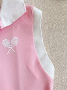 PrepCrw 1 件青少年女孩优雅校园休闲都市运动网球拍图案无袖 V 领连衣裙，适合外出、聚会、返校、秋冬季