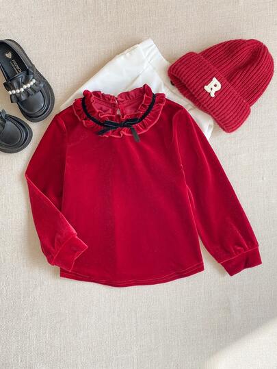 PrepCrw 1 st. Elegant skolstil för unga flickor, avslappnad, urban, jul, röd rosettdekor, vit krage, långärmad skjorta, lämplig för fest, vardagskläder, jul, festivaler, höst/vinter