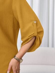 EMERY ROSE Plus Size Solid Color Turndown Collar Casual Versatile 3/4 Sleeve Dress - Yellow - View 4