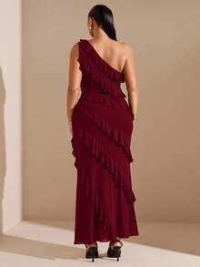 SHEIN BAE Plus Size Women Asymmetric Ruffle Hem Long Dress, Early Autumn - Burgundy - View 5