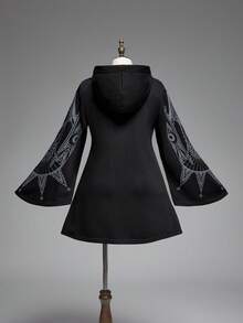 ROMWE EDITION Plus Size Vintage Gothic Church Cross Print Hooded Cinched Waist A-Line Mid-Length Coat - Black - View 2