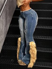 Jeanoix Quần Jeans Skinny Túi Viền Lông Giả Thời Trang Cỡ Lớn - Màu xanh lam - Xem 3