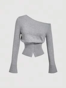 SHEIN MOD Sweater Wanita Kasual Warna Polos dengan Kancing Bahu Miring Warna Abu-abu untuk Musim Gugur/Dingin - Grey - View 7