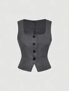 SHEIN MOD 复古灰色西装背心 - 休闲、舒适、通勤、复古美感，适合学校服装和办公室穿着 - 灰色 - 查看 5