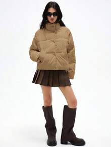 女士乳白色黑白波点立领休闲宽松百搭羽绒服 - 卡其色 - 查看 5