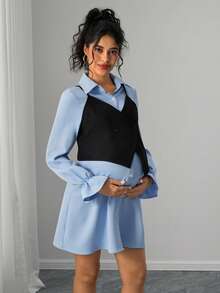 SHEIN Bộ 2 váy bầu: Áo không tay + Váy - Màu xanh lam - Xem 4