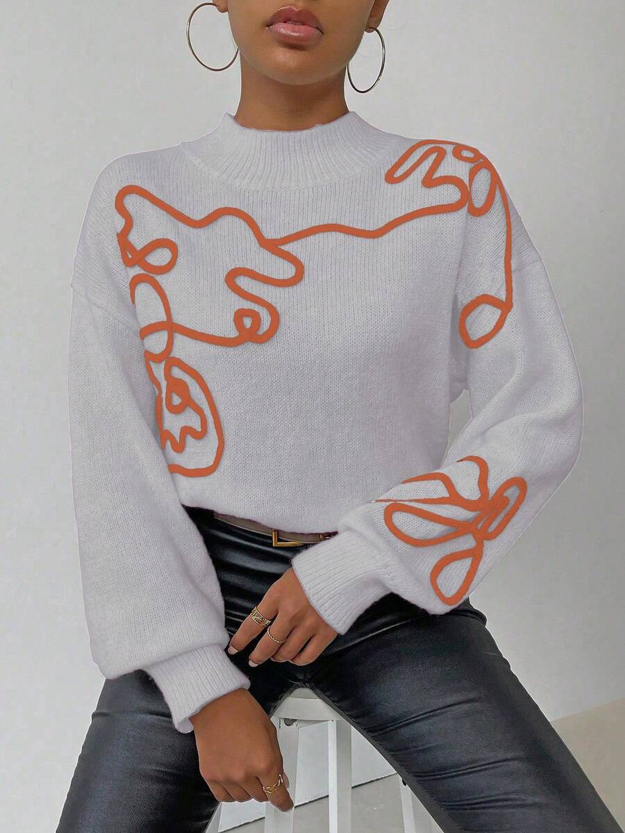 EMERY ROSE Pulover casual pentru femei, cu model grafic, croială lejeră, cu umeri căzuți, guler înalt, potrivit pentru naveta zilnică de toamnă/iarnă - Gri deschis - Vizualizare 1
