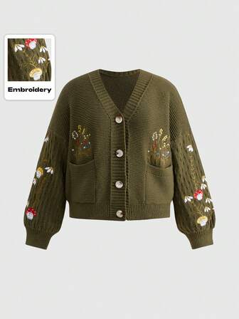Fairycore Plus Size Mori Kei Fairycore Colorful Mushroom Floral Embroidery Cardigan, Plus Size Women Autumn/Winter Knitted Outerwear Sweater Cardigan, Plus Size Long Sleeve Knit Top