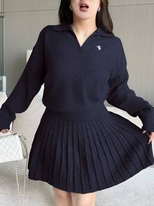 Vibekara Autumn/Winter New Plus Size Women Knitted Casual Solid Color Embroidery Lapel Simple Long Sleeve Sweater Top & Skirt Suit, Versatile 2 Piece Skirt Sets Woman Navy Blue Outfit Women Pleated Skirt Set Tennis Skirt Set Plus Sweater Sets For Women - Royal Blue - View 7