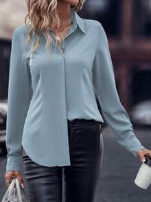 EMERY ROSE قميص كاجوال/للعمل أحادي الصدر بأكمام طويلة وبلون واحد للنساء - أزرق فاتح اللون - مشاهدة 6