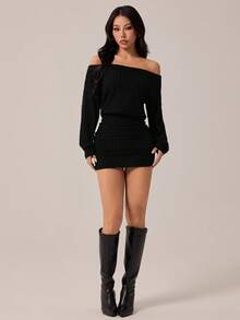 SHEIN PETITE 时尚性感露肩黑色迷你连衣裙 - 黑色 - 查看 6
