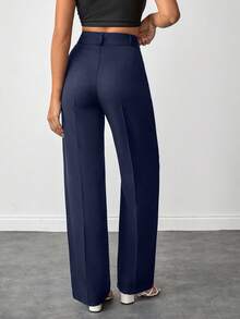 EURMUSE Quần ống đứng cạp cao màu trơn cỡ nhỏ cho nữ mặc hàng ngày - Màu xanh hải quân - Xem 2