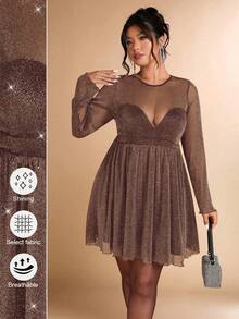 Allurite Váy dự tiệc chữ A lấp lánh mùa thu/đông cỡ lớn dành cho nữ, thích hợp cho tiệc tối, tụ tập, tiệc tùng - Cà phê nâu - Xem 1