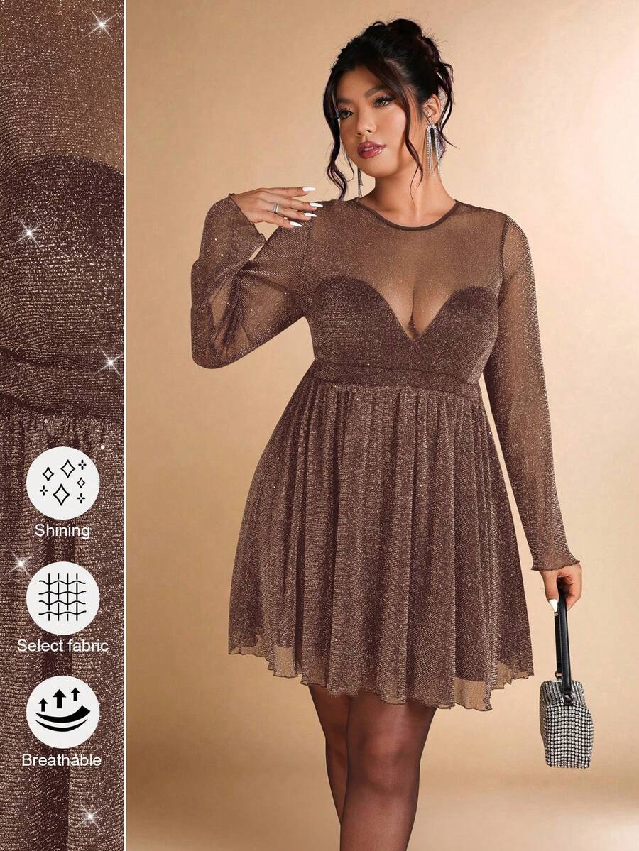 Allurite Váy dự tiệc chữ A lấp lánh mùa thu/đông cỡ lớn dành cho nữ, thích hợp cho tiệc tối, tụ tập, tiệc tùng - Cà phê nâu - Xem 1