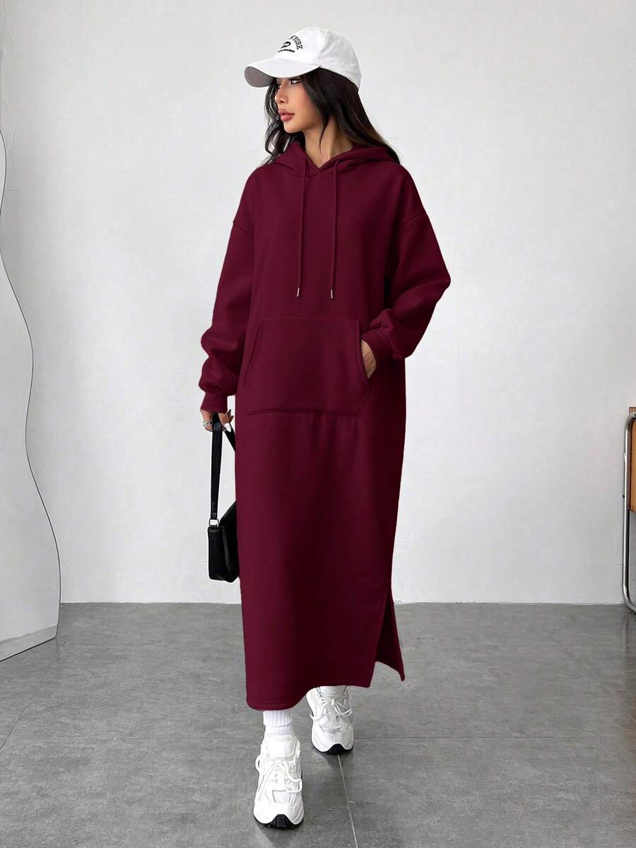 SHEIN EZwear Wine Red Drop Shoulder Long Sleeve Fashionable Loose Drawstring Hooded Long Knit Sweatshirt Winter Dress For Women Hooded Dress 2 Pieces Casual Sets Woman Oversized Sweatshirt Women Comfortable Two Pieces Set - Burgundy - View 1