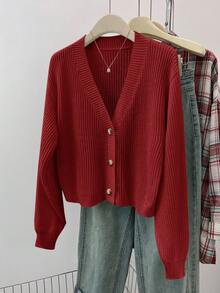 SHEIN Teen Girls' Solid V-Neck Cropped Casual Loose Drop Shoulder Long Sleeve Cardigan Sweater, Autumn - Red - View 3