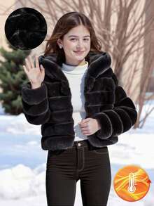 女童柔软仿皮草外套，优雅长袖短款修身连帽大衣，适合秋冬季穿着
