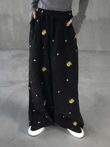 FRIFUL 女士棕色刺绣直筒裤，春季款 - 黑色 - 查看 2