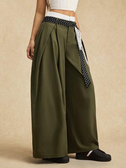 Easelle Casual Vintage Women's High Waist Pleated Wide Leg Loose Casual Pants Color Blocking Double Waistband Design Green  Bohemia Bohe Chic  Summer