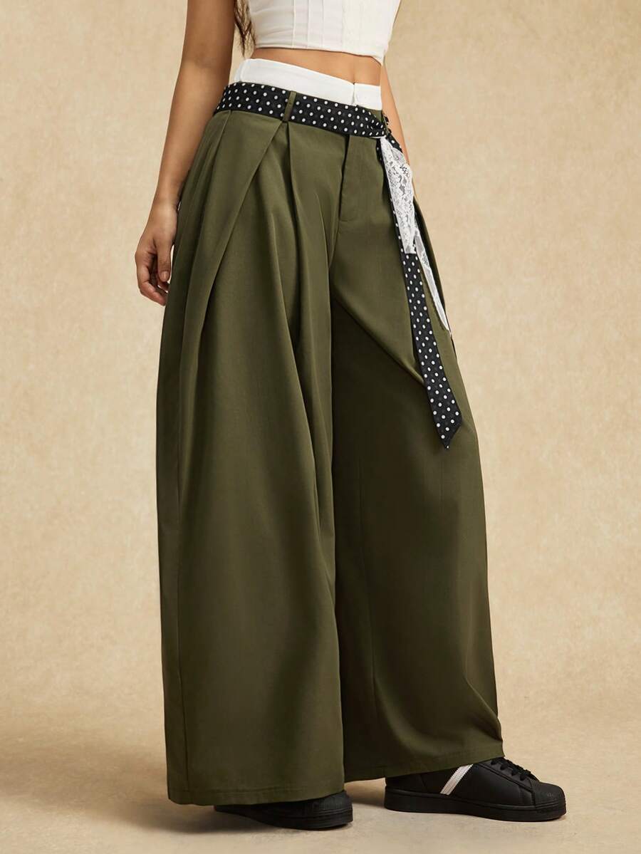 Easelle Casual Vintage Women's High Waist Pleated Wide Leg Loose Casual Pants Color Blocking Double Waistband Design Green Bohemia Bohe Chic Summer - Army Green - View 1