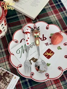 1PC Christmas Silver Spoon Creative Tableware Doll Dessert Spoon Fork Cartoon Christmas Tree Silver Spoon Fork Gift Box Set - Multicolor - View 4