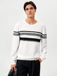 RONVEXI Men's Casual Colorblock Striped Sweater, Autumn/Winter, Long Sleeve Top - White - View 7