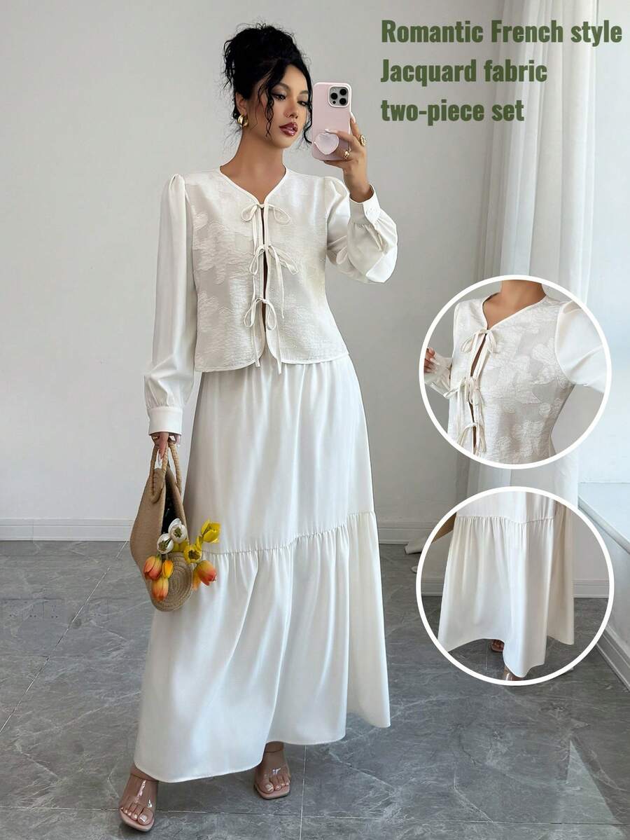 Rafferiza Raffinéa French-Inspired, Sophisticated, And Effortlessly Chic Vacation-Style Suit Featuring A Lace-Up Rose-Print Top And A Flowing French-Style Skirt. This Elegant And Feminine Set Is Perfect For Parties, Casual Outings, Or Afternoon Tea. - Yellow - View 1