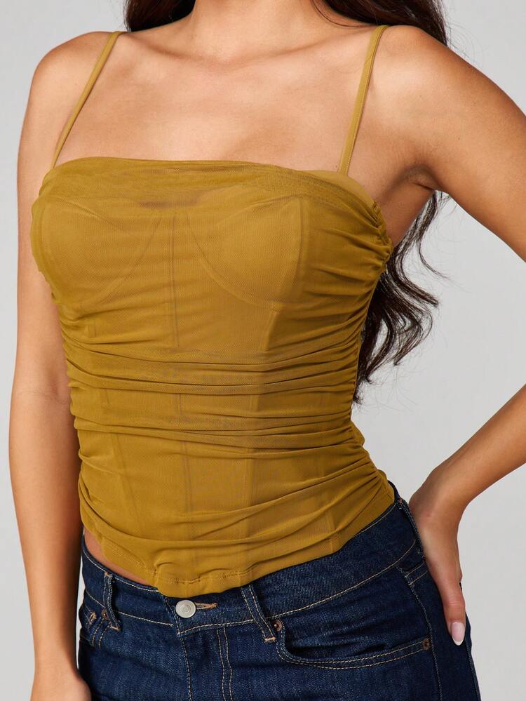 MISSGUIDED Ruched Draped Mesh Cami Tank Top With Thin Straps And Body Hugging Silhouette For Casual Occasions