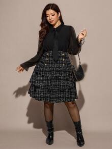 Comfylo Große Größen verspieltes Laternärmel Karomuster Mesh Patchwork Langarm Kleid - Schwarz - Übersicht 4