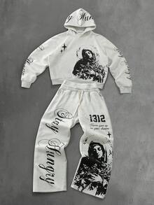 PAVTROS Męski minimalistyczny zestaw z kapturem i spodniami, bluza z kapturem i spodnie dresowe, designerski dres z grafiką Y2K, podszewka termiczna - Szary - Zobacz 1