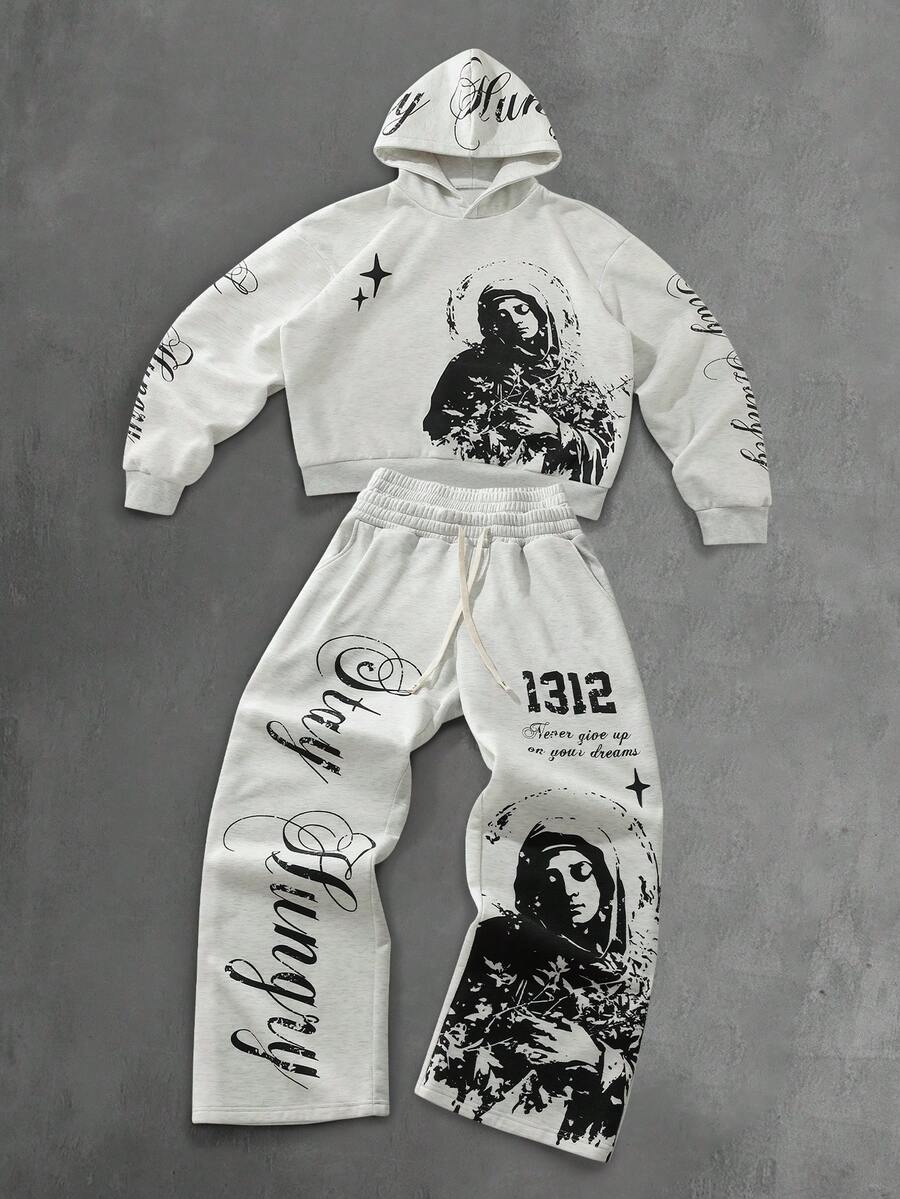 PAVTROS Męski minimalistyczny zestaw z kapturem i spodniami, bluza z kapturem i spodnie dresowe, designerski dres z grafiką Y2K, podszewka termiczna - Szary - Zobacz 1