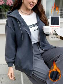 SHEIN LUNE Plus Size Women's Solid Color Drop Shoulder Hooded Drawstring Zip-Up Casual Versatile Sweatshirt,Winter Christmas For Women Party Hooded - Dark Grey - View 1