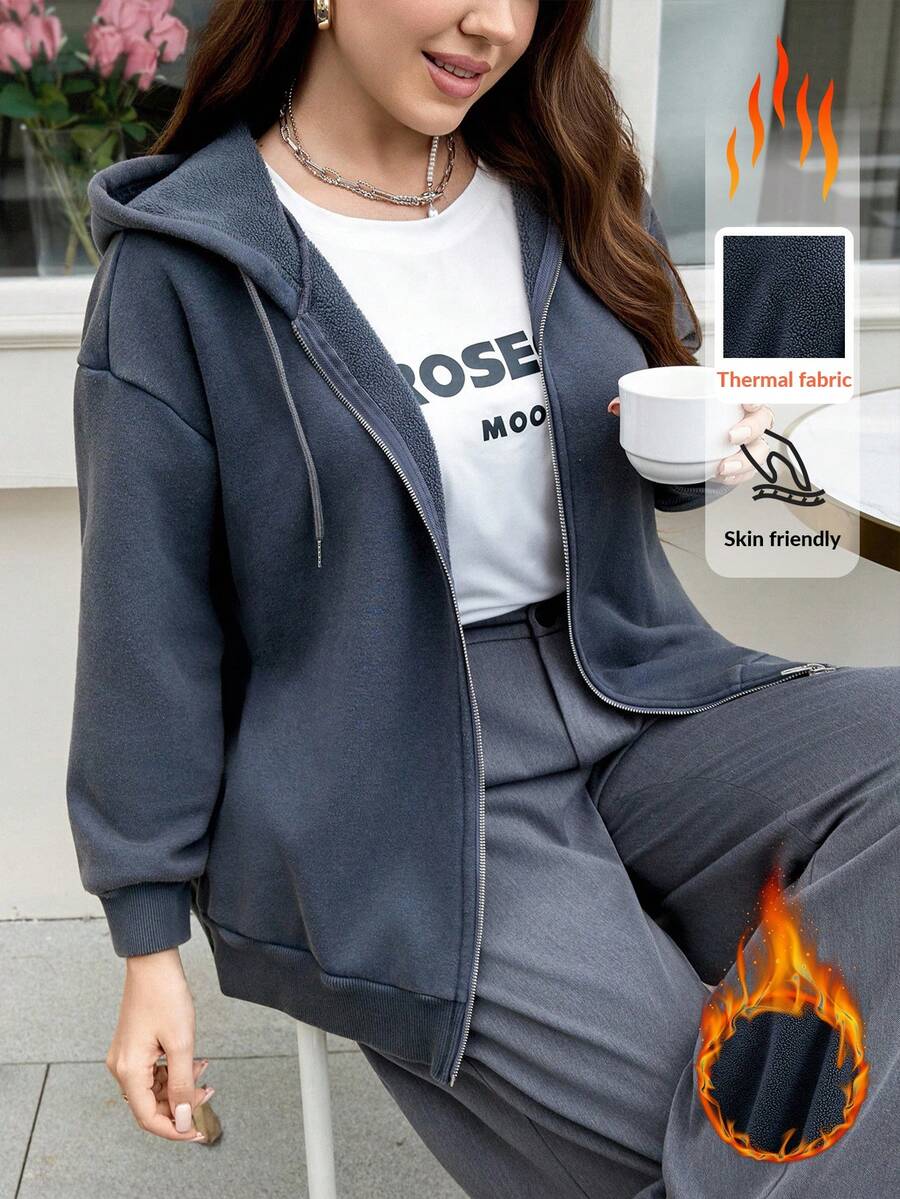SHEIN LUNE Plus Size Women's Solid Color Drop Shoulder Hooded Drawstring Zip-Up Casual Versatile Sweatshirt,Winter Christmas For Women Party Hooded - Dark Grey - View 1