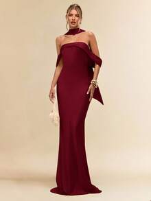 SHEIN BAE 女士性感简约纯色黄色缎面不对称垂褶领优雅美人鱼连衣裙，适合派对、晚宴、正式场合、伴娘礼服、生日迷你裙、商务休闲等场合，露背缎面优雅超长连衣裙 - 酒紅色 - 查看 1