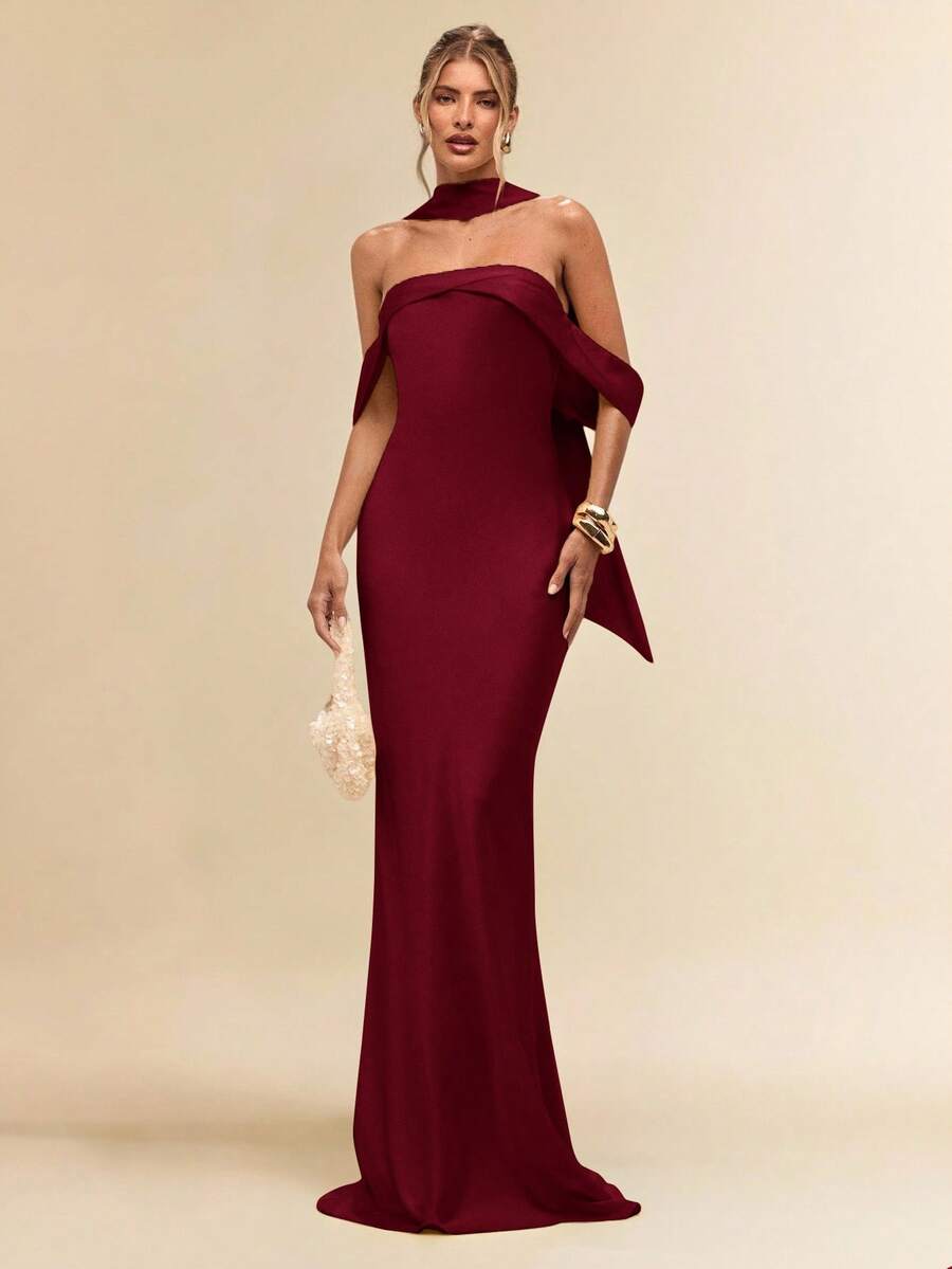 SHEIN BAE 女士性感简约纯色黄色缎面不对称垂褶领优雅美人鱼连衣裙，适合派对、晚宴、正式场合、伴娘礼服、生日迷你裙、商务休闲等场合，露背缎面优雅超长连衣裙 - 酒紅色 - 查看 1