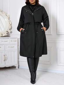 SHEIN CURVE+ 大码女式休闲拉链连帽抽绳腰长袖羊毛夹克，保暖，2025 年新款，舒适防风 - 黑色 - 查看 6