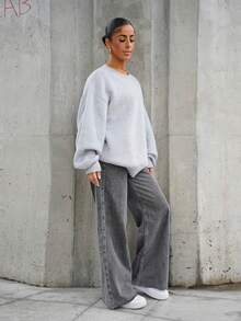 SAYEHFBABY Casual Washed Distressed Wide-Leg Denim Trousers - Grey - View 5