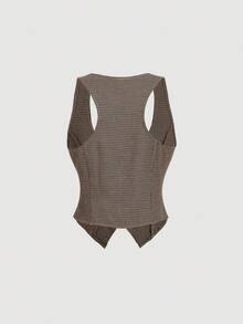 SHEIN MOD 复古格纹U领前开襟纽扣口袋休闲西装背心外套，秋冬季款