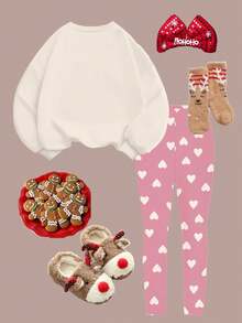 Set de 2 piezas de sudadera de cuello redondo de manga larga y leggings casuales para niña, adecuado para otoño/invierno, color rosa - Multicolor - Ver 2