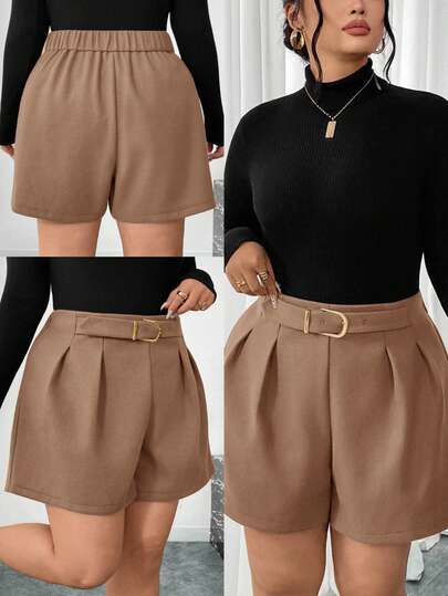 Firerie Plus Size Women Casual Brown Elegant Vacation Versatile All-Match Wool Blend Ruched Metal Decor Button Shorts, Autumn/Winter Wide Leg Shorts