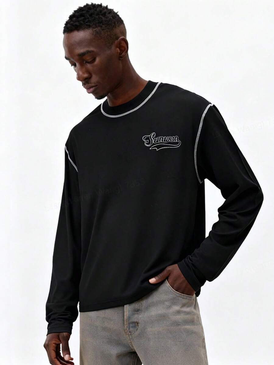 SUMWON 刺绣Logo圆领长袖T恤，撞色缝线细节，秋冬休闲上衣 - 黑色 - 查看 1