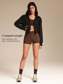 GLOWMODE 抓绒舒适柔软罗纹袖口下摆带拇指孔可拆卸帽子短款拉链卫衣，适合日常休闲穿着，秋冬季 - 黑色 - 查看 3