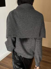 DAZY Women's Casual Solid Color Stand Collar Poncho Sweater, Autumn/Winter - Grey - View 2