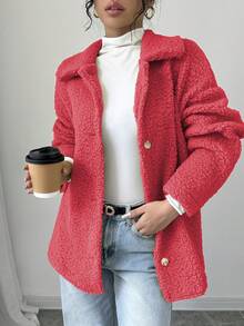 Elenzga Women's Casual Solid Color Button Front Faux Shearling Collar Jacket, Autumn/Winter - Red - View 5