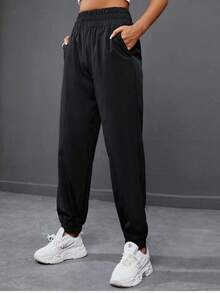 Easithlete 2pcs Women Casual Everyday Commute Simple Solid Color Elastic Waist Side Pockets Jogger Pants Elastic Waist Pants Sports Pants Women Jogger Pants Workout Sweat Pants Baggy Gym Clothes - Multicolor - View 6